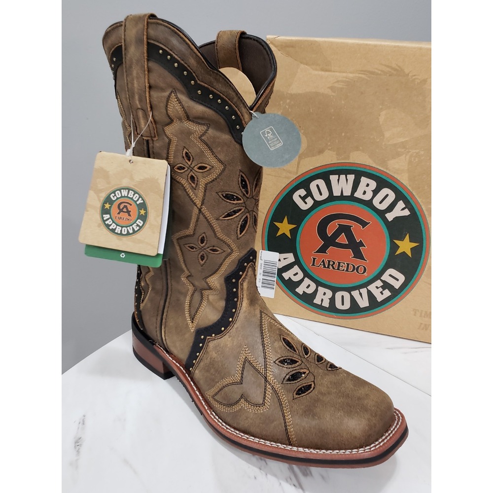 NEW SIZE 11 Laredo Bouquet Black Brown Square Toe Boots 5844 COWBOY COWGIRL